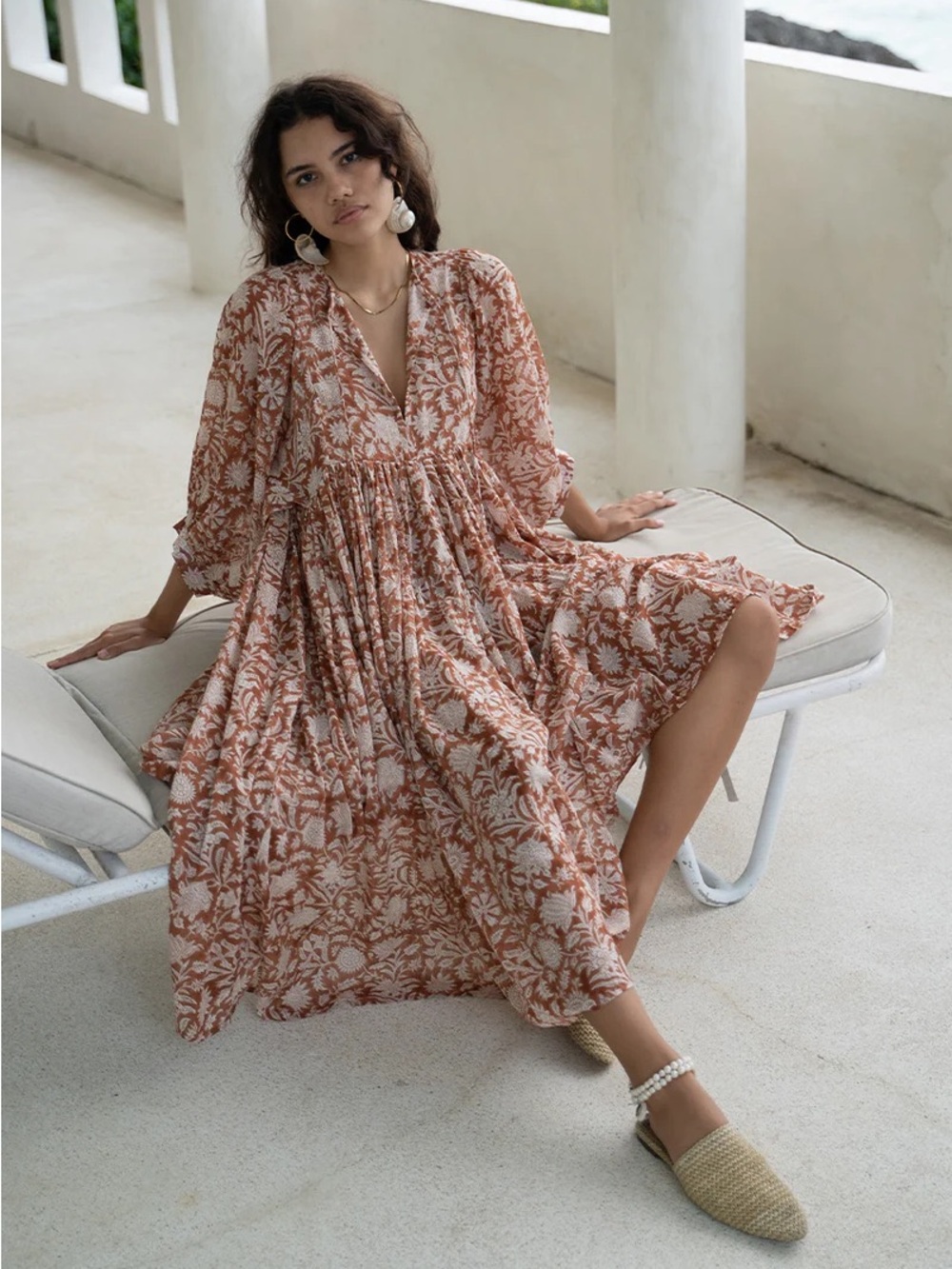 Daughters of India Kyra Midi Dress Caramel Small Cotton Summer Dress Boho Floral